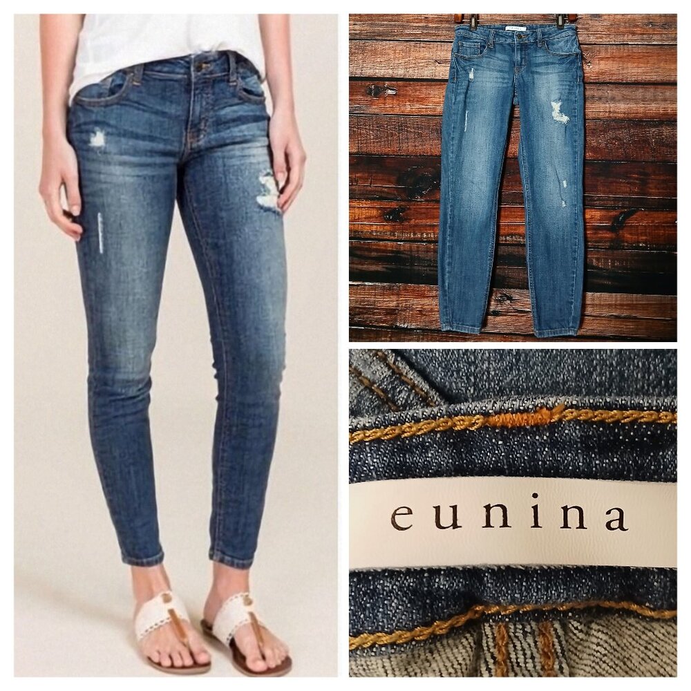 Eunina Jeans 26 Ava Low Rise Skinny Ankle Zipper Distressed Blue Denim Stretch